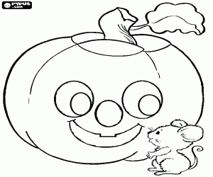 Coloriage Une sympathique petite souris � c�t� d'une citrouille d'Halloween avec un visage souriant