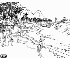 Coloriage Vacances dans une plage tropicale avec des cabines, de palmiers et en practiquant surf avec les vagues