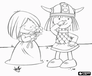 Coloriage Vic le Viking se frottant le nez tout en pensant aux c�t�s de son meilleur ami, Ylvi