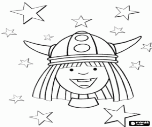 Coloriage Vic le Viking souriant avec son casque avec des cornes et entre les �toiles