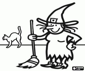 Coloriage Vieille sorci�re � la maison avec un balai et le chat