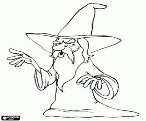Coloriage Vieux sorcier, enchanteur ou magicien avec sa barbe longue et grand chapeau