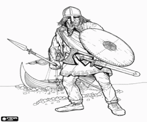 Coloriage Viking en d�barquant de son bateau compl�tement arm� et avec le bouclier et la lance dans les mains