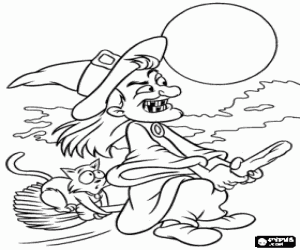 Coloriage Vilaine sorci�re avec son chat volant � pleine vitesse dans son balai enchant�