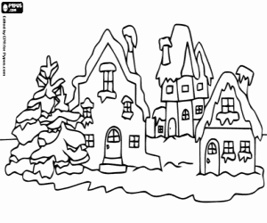 Coloriage Ville compl�tement enneig� pendant les festivit�s de No�l