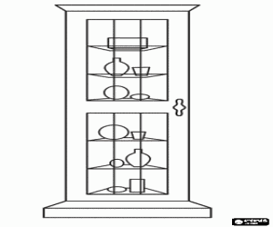 Coloriage Vitrine avec des objets d�coratifs, meuble ferm� et vitr�