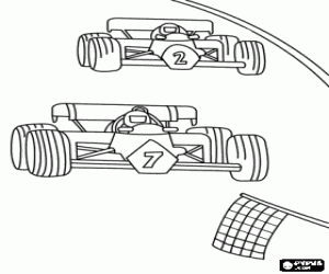 Coloriage voitures de Formule 1 pour atteindre la ligne d'arriv�e avec le drapeau � damier en agitant
