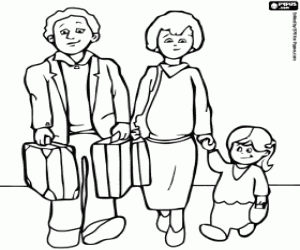Coloriage Voyage en famille, papa et maman avec le chargement des bagages