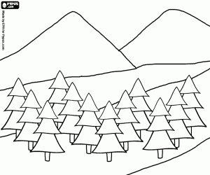 Coloriage Vue de deux montagnes avec un premier plan d'arbres