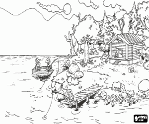 Coloriage Vue de la rive d'un lac avec un bassin, un chalet et des p�cheurs