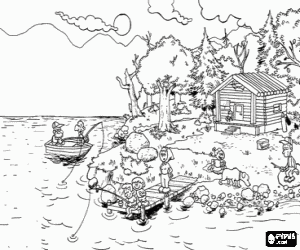 Coloriage Vue de une journ�e de vacances familiale, de p�che sur la rive d'un lac avec un bassin et un chalet