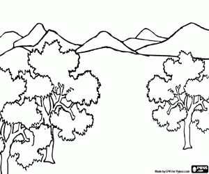 Coloriage Vue du sommet des arbres au premier plan et les montagnes en arri�re-plan