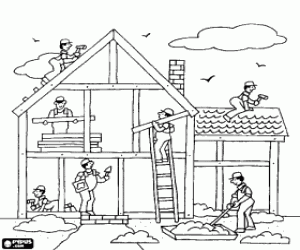 Coloriage Vue g�n�rale d'une maison en construction, avec diff�rents op�rateurs travailant
