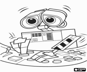 Coloriage Wall-e accabl� en toucher les commandes delle vaisseau spatial