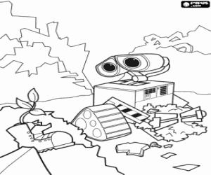 Coloriage Wall-e dans son travail de nettoyage de la Terre d�couvre une plante dans un botte
