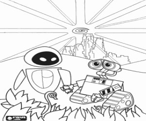 Coloriage Wall-e et Eve, heureux, main dans la main, sous un soleil radieux