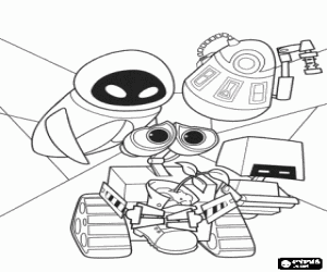 Coloriage WALL-E, EVE, PR-T et M-O en le Axiom avec la plante n� dans une botte