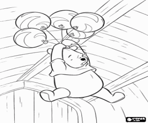 Coloriage Winnie l'Ourson accroch� des ballons � la f�te d'anniversaire