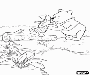 Coloriage Winnie l'ourson aider Porcinet � traverser la rivi�re par le biais d'un tronc