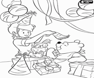 Coloriage Winnie l'Ourson et Jean Christophe dans une f�te d'anniversaire avec g�teau, des ballons, des chapeaux de papier et de cadeaux