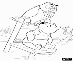 Coloriage Winnie L'Ourson et Ma�tre Hibou dans une chaise au milieu de l'�tang