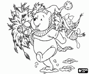 Coloriage Winnie l'Ourson et Porcinet � le transport d'un arbre de No�l
