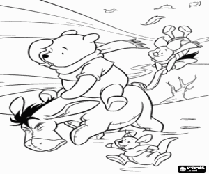 Coloriage Winnie L'Ourson et ses amis en mouvement contre le vent fort