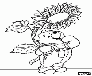 Coloriage Winnie l'Ourson hereux avec un grand tournesol