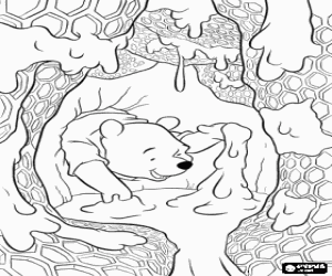 Coloriage Winnie The Pooh ou Winnie l'Ourson collecte du miel issu de l'int�rieur d'une ruche