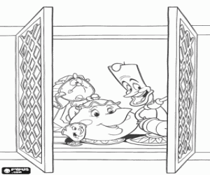 Coloriage Zip la tasse, la th�i�re Mme Samovar, le cand�labre Lumi�re et l'horloge Big Ben