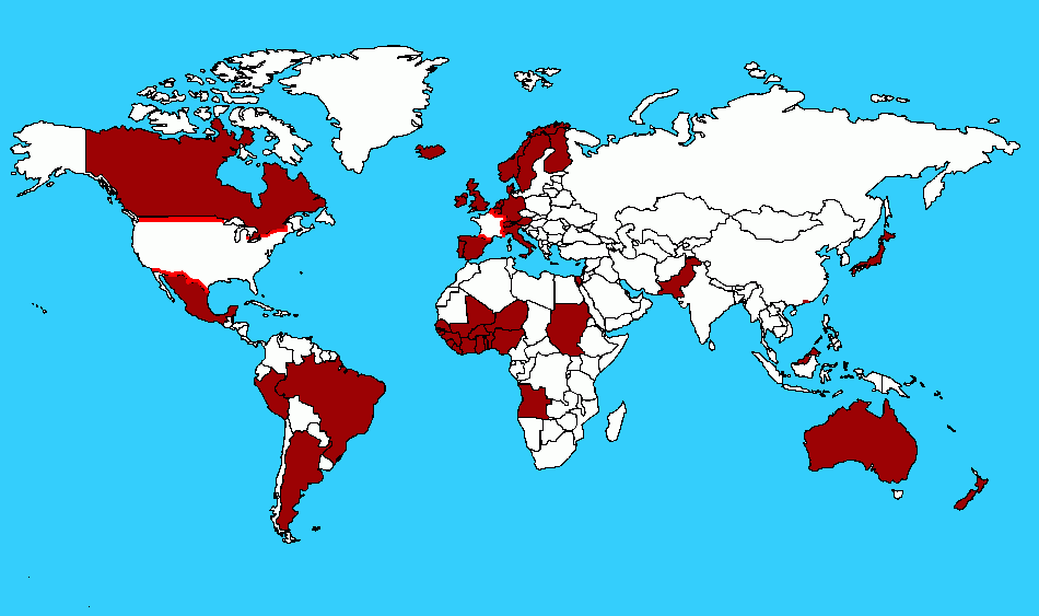 dessin Carte des pays touchés par la thalidomide
