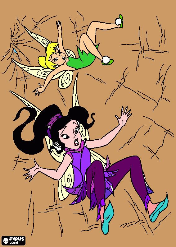 dessin clochette et  vidia tombe dans un gros trou.
