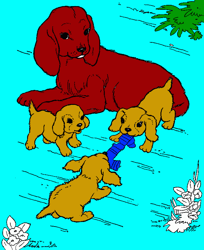 dessin maman chien regarde comment ses chiots jouent
