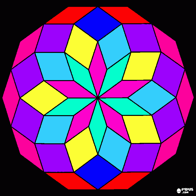dessin mandala couleur rouge bleu roses violet jaune