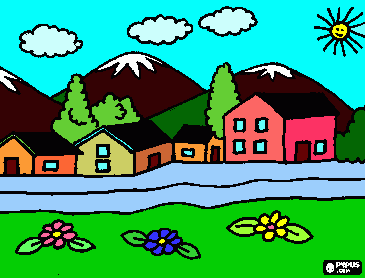 dessin petit village de montagne