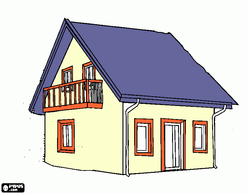 dessin Toit bleu maison jaune