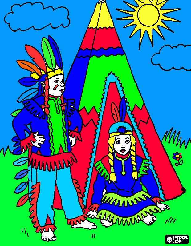 dessin une indienne avec le chef indien devant le tipi