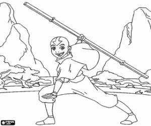 Coloriage Aang avec le bâton de combat