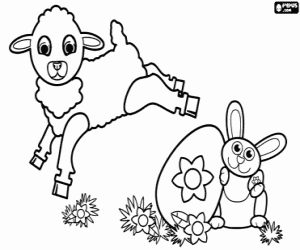 Coloriage Agneau, lapin et oeuf de Pâques