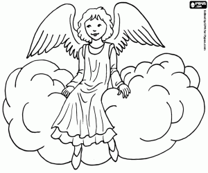 Coloriage Ange de Noël est assis sur un nuage