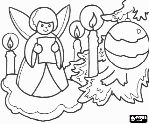 Coloriage Angel, de bougies et d'arbre de Noël