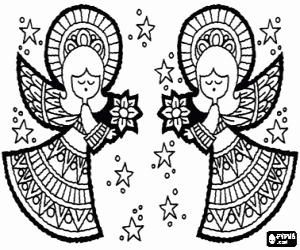 Coloriage Deux anges et fleurs de Noël
