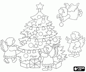 Coloriage Les anges et l'arbre de Noël