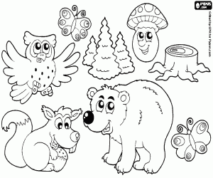Coloriage Animaux et la végétation de la forêt