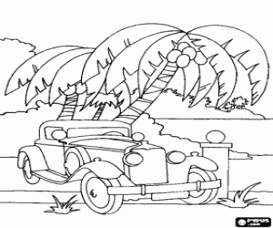 Coloriage Antique voiture dans un paysage tropical
