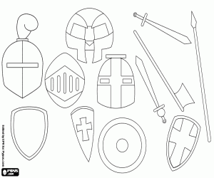 Coloriage Armes, casques et boucliers