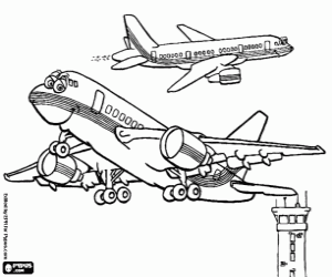 Coloriage Les avions et la tour de contrôle