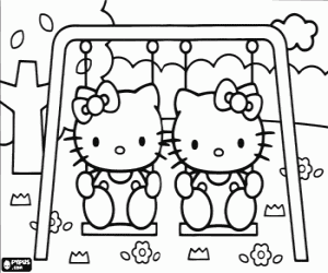 Coloriage Balançoires avec Hello Kitty et Mimmy