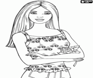 Coloriage Barbie avec une rose à la main