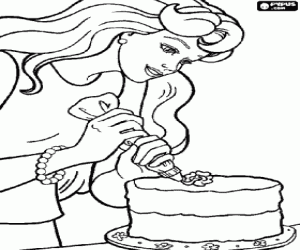 Coloriage Barbie et le gâteau d'anniversaire